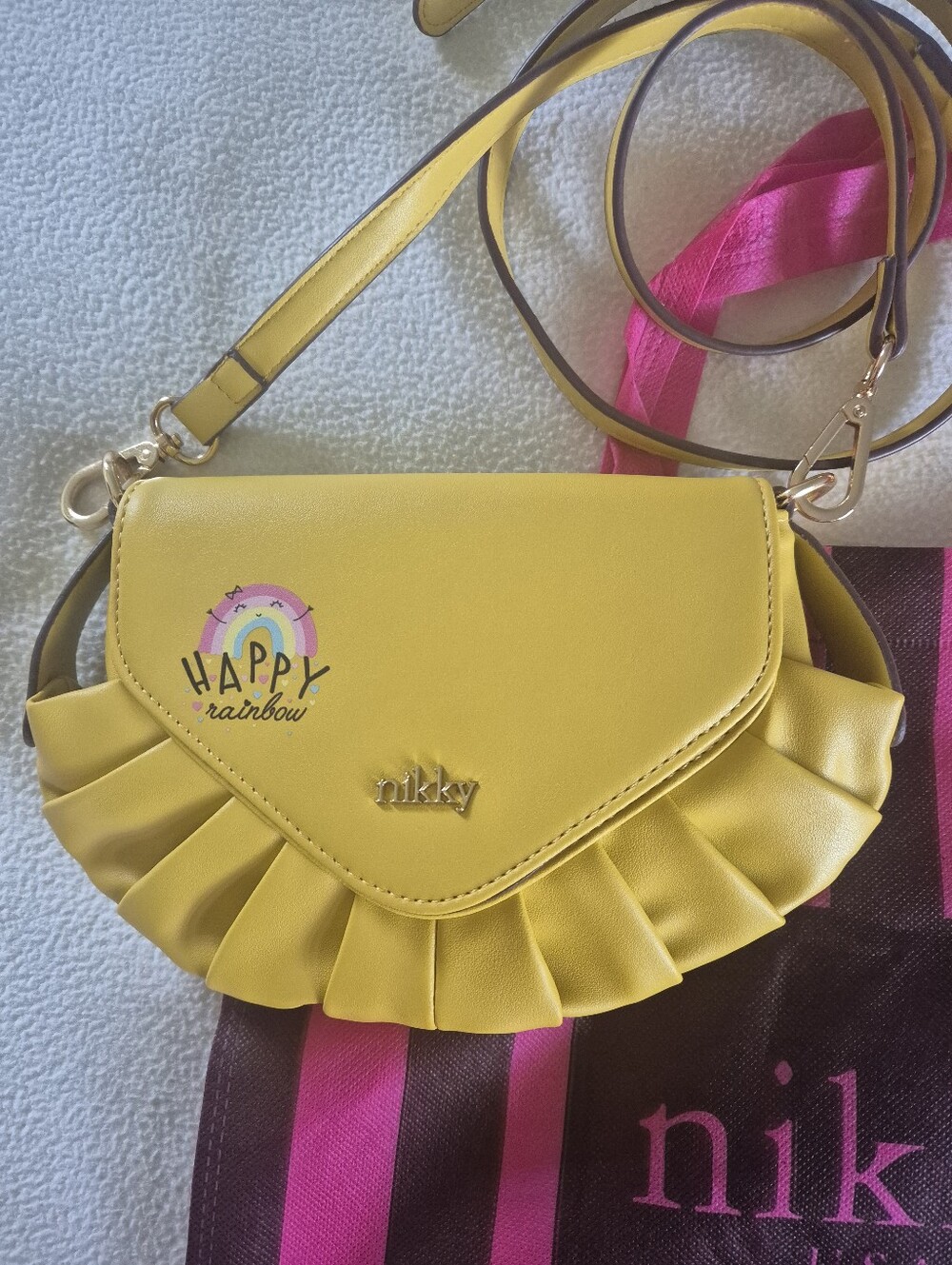 Nicole Lee USA Graphic Yellow Crossbody Bag with Ruffle Detail